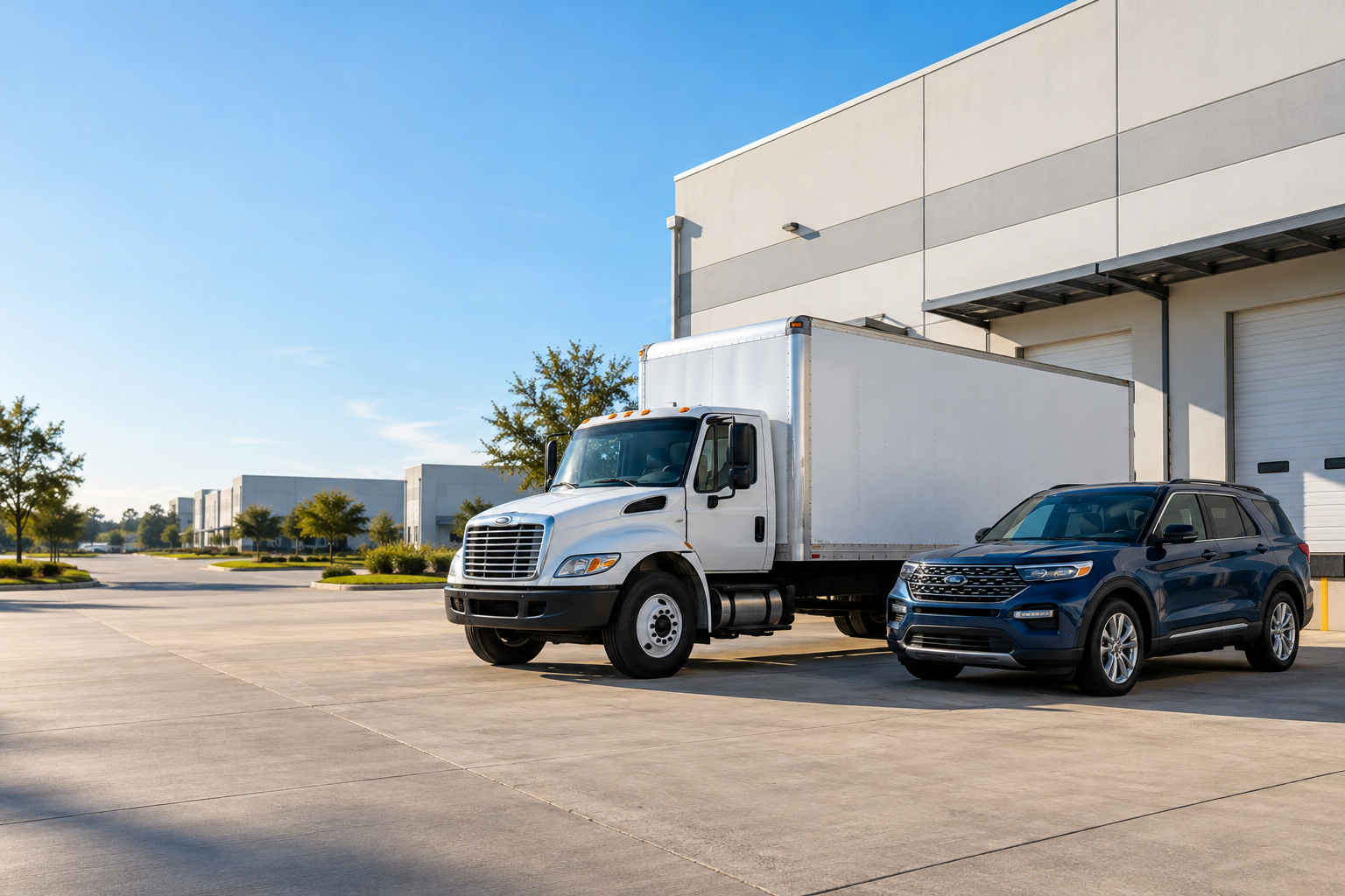 Illustrative view of a box truck and SUV outside a commercial facility